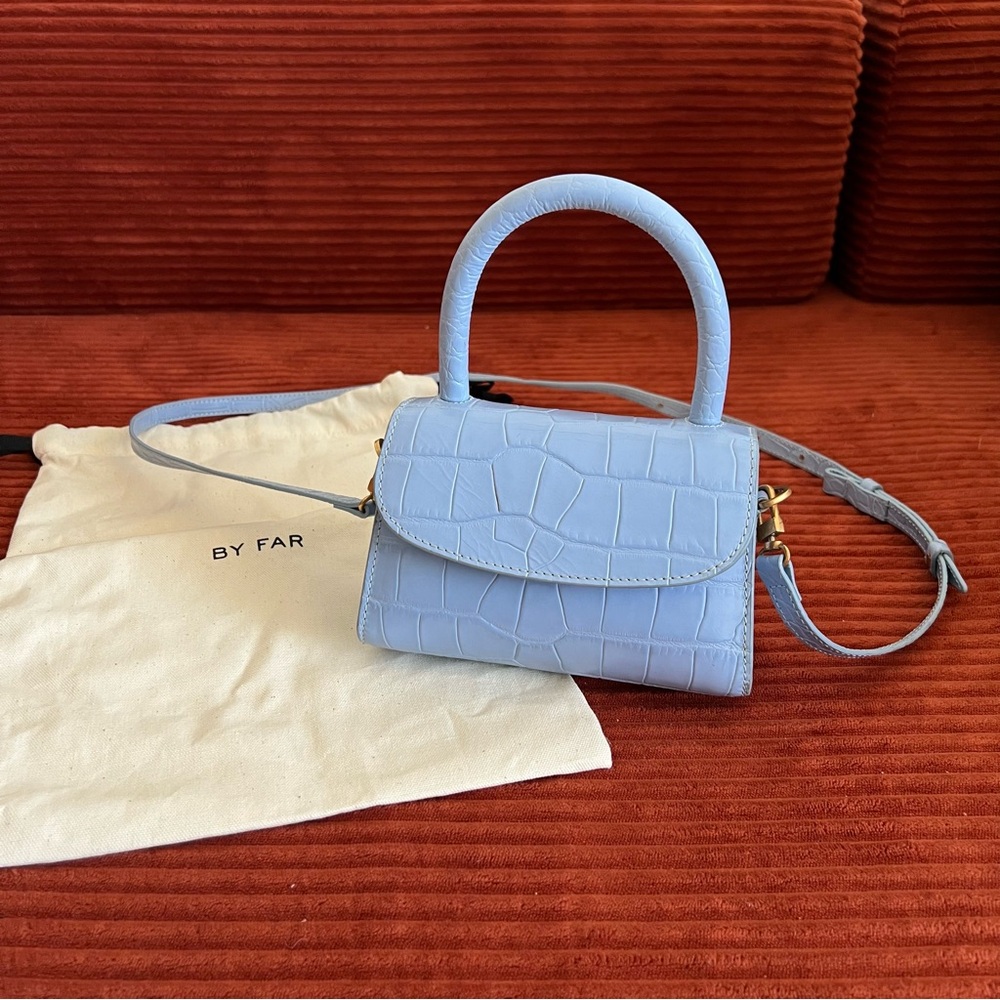 BY FAR Mini Croc-Embossed Leather Top Handle Bag (Sky Blue)